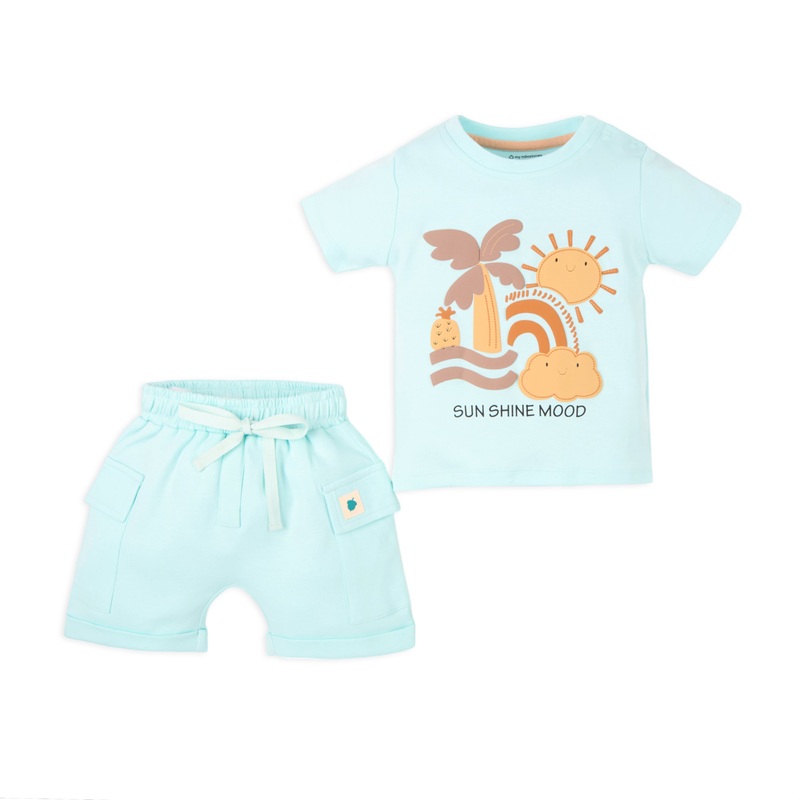 Puff Print Baby Boy Round Neck Tee with Shorts – Aqua
