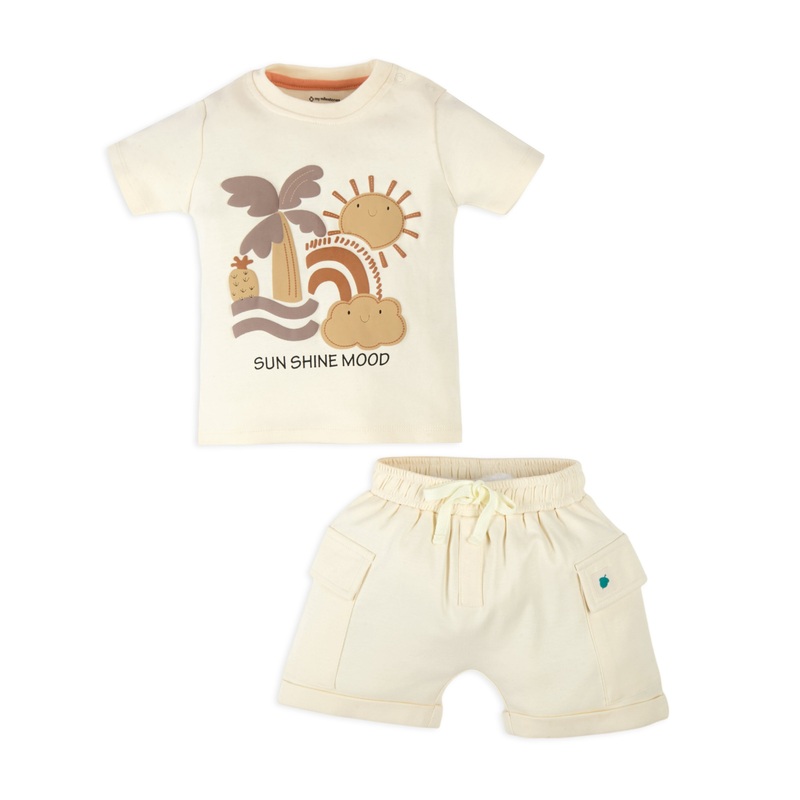 Puff Print Baby Boy Round Neck Tee with Shorts – Ecru