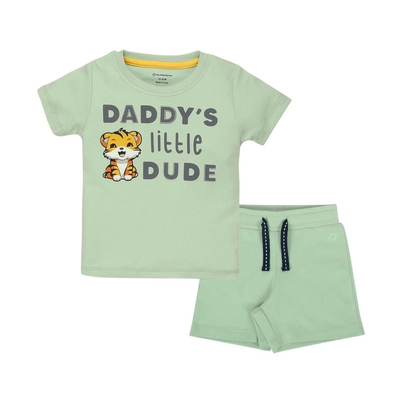 Puff Print Baby Boy Round Neck Tee with Shorts – Sage Green