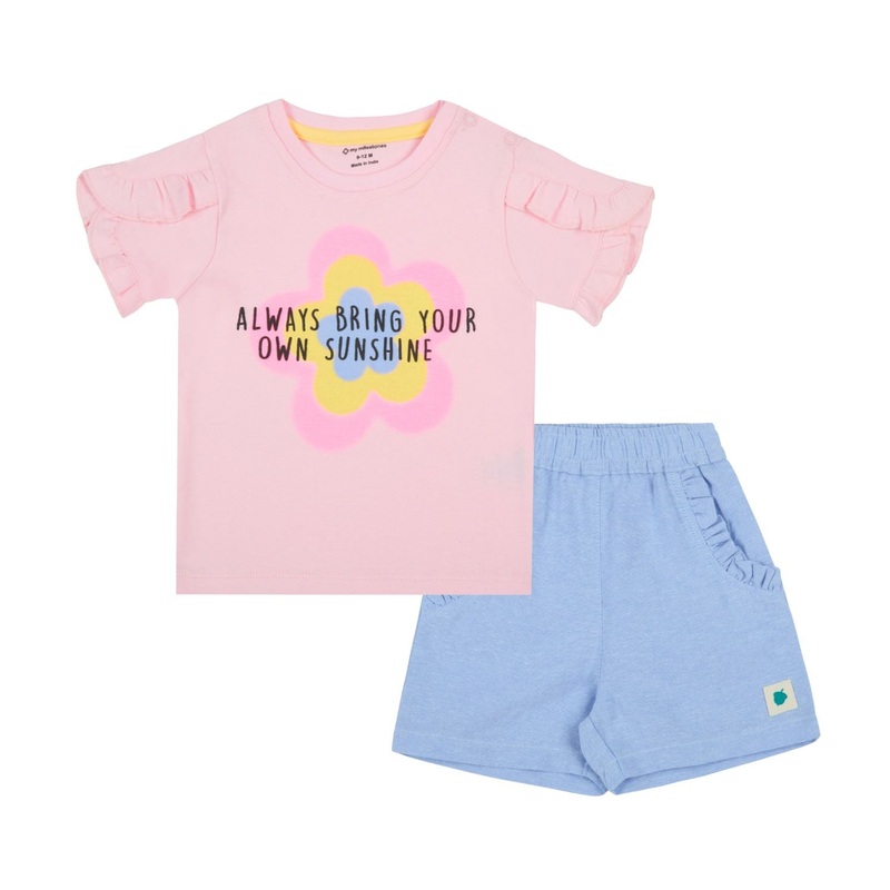 Puff Printed Ruffle Sleeves Tee With Chambray Short – Pink & Blue