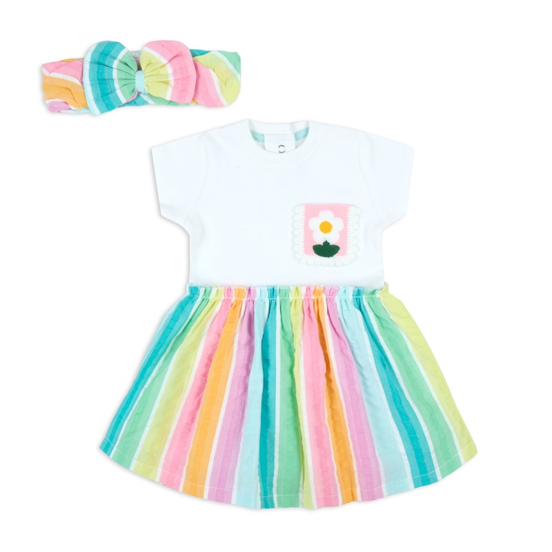 Rainbow Seersucker Stripes Mix-Media Dress With Hairband – Multi