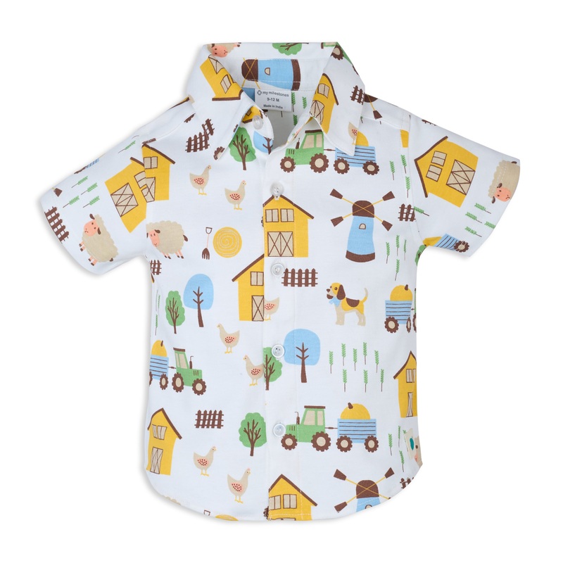 Short Sleeves Front Open Interlock Shirt In Barnyard Print – White