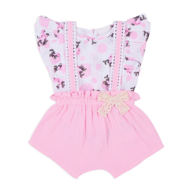 Short Sleeves Soft Muslin Frill Top with Double Cloth Suspender Shorts – White & Pink
