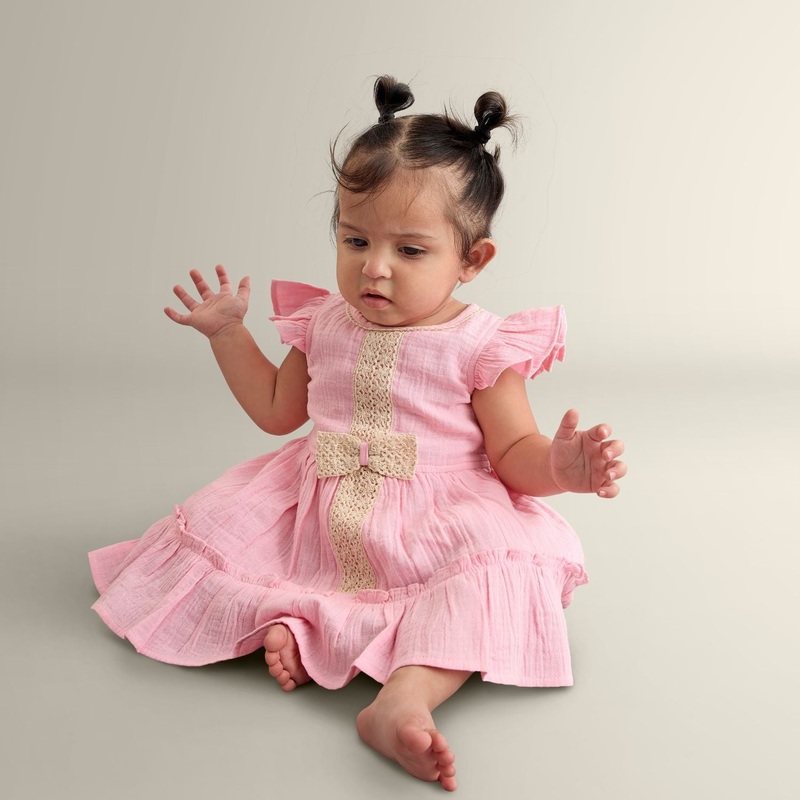 Sophie Double Cloth Tiered Dress With Crochet Details – Pink