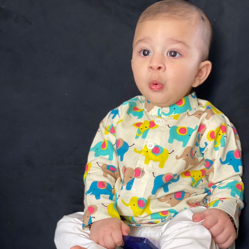 Cute Elephant Print Festive Kurta Pyjama Set (Blue)