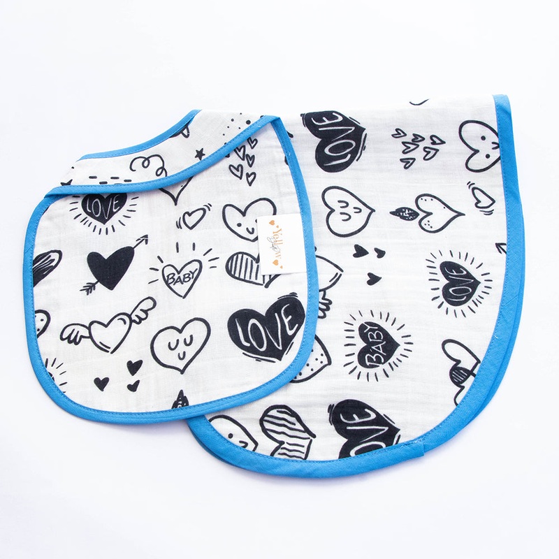 Doodle Hearts – Reversible Bib & Burpy Cloth Set