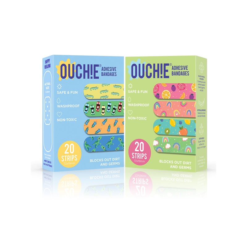 Ouchie Non-Toxic Printed Bandages Double Combo Set (40 Pack) – Blue & Lime Green