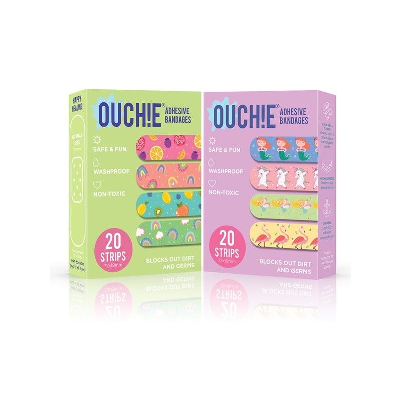 Ouchie Non-Toxic Printed Bandages Double Combo Set (40 Pack) – Lime Green & Lavender