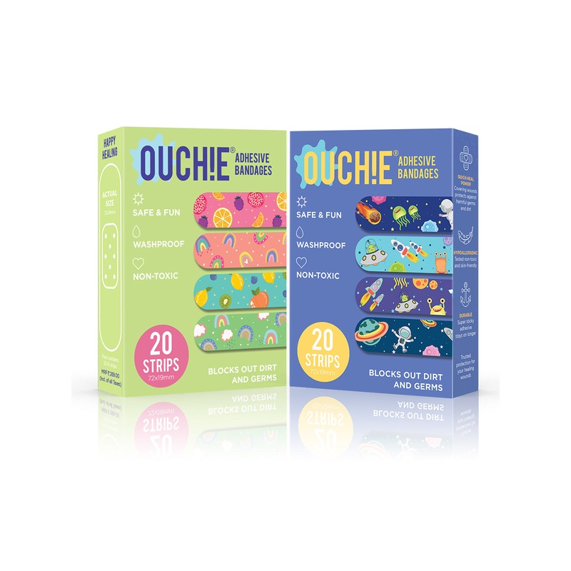 Ouchie Non-Toxic Printed Bandages Double Combo Set (40 Pack) – Lime Green & Space Blue