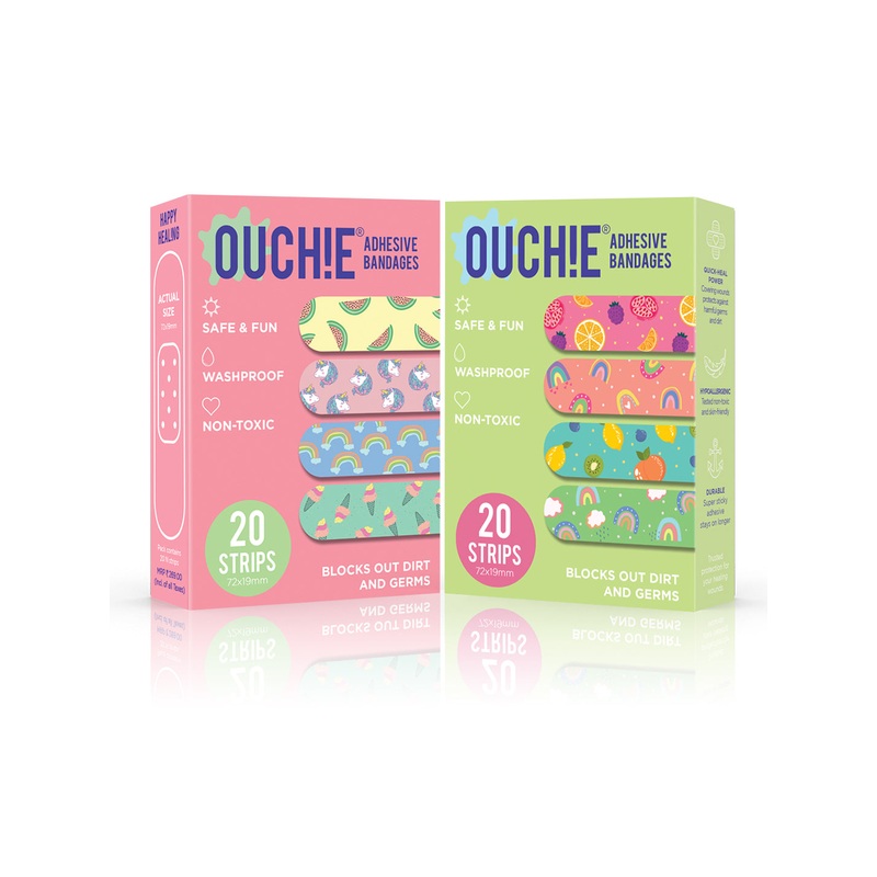 Ouchie Non-Toxic Printed Bandages Double Combo Set (40 Pack) – Pink & Lime Green