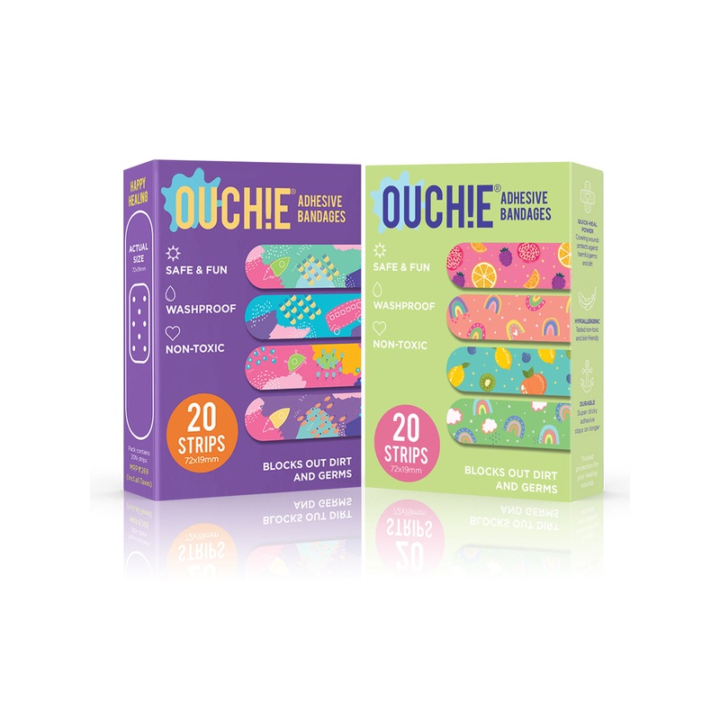 Ouchie Non-Toxic Printed Bandages Double Combo Set (40 Pack) – Purple & Lime Green