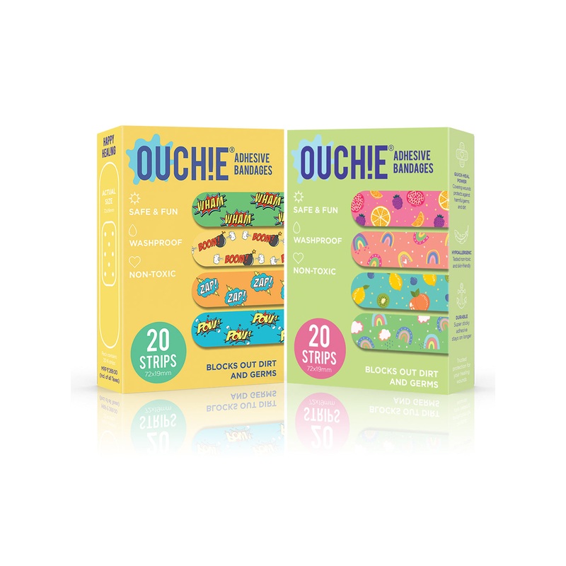 Ouchie Non-Toxic Printed Bandages Double Combo Set (40 Pack) – Yellow & Lime Green