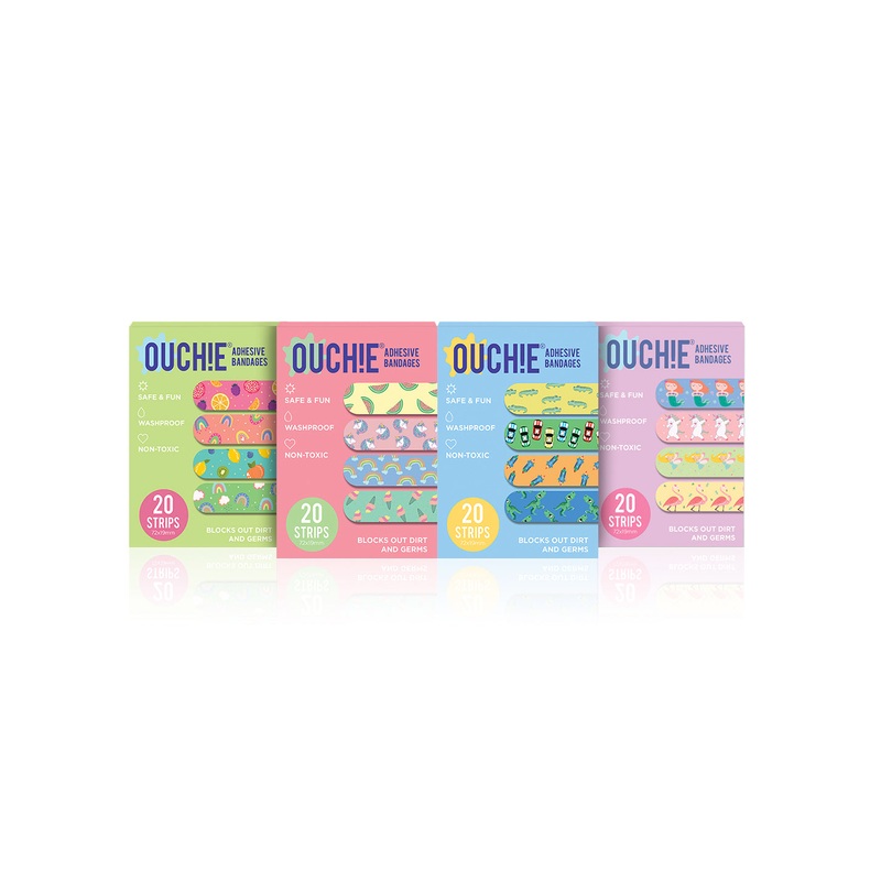 Ouchie Non-Toxic Printed Bandages Jumbo Pack (80 Pack) – Lime Green, Pink, Blue & Lavender