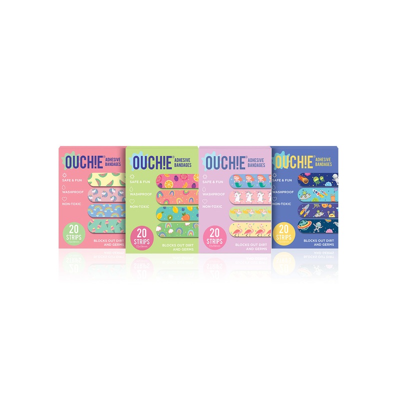 Ouchie Non-Toxic Printed Bandages Jumbo Pack (80 Pack) – Pink, Lime Green, Lavender & Space Blue