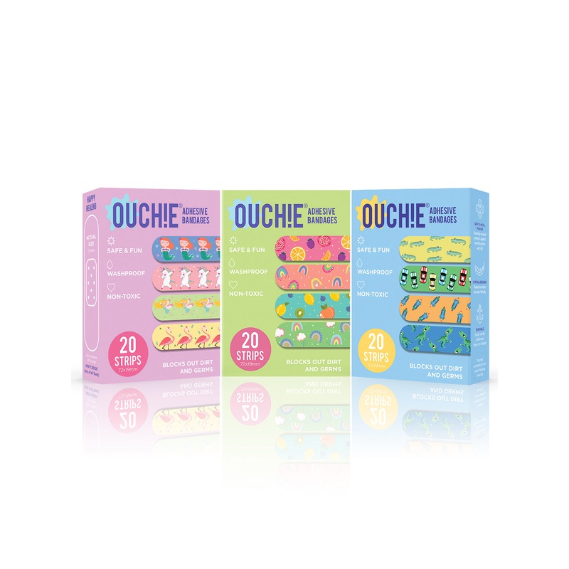 Ouchie Non-Toxic Printed Bandages Triple Combo (60 Pack) – Lavender, Lime Green & Blue
