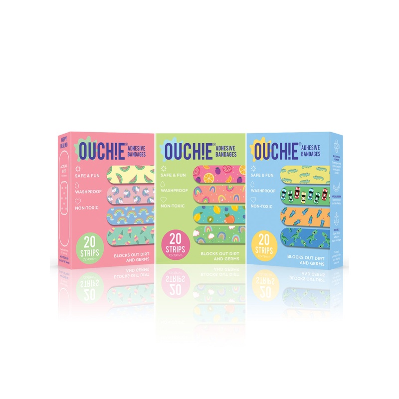 Ouchie Non-Toxic Printed Bandages Triple Combo (60 Pack) – Pink, Lime Green & Blue