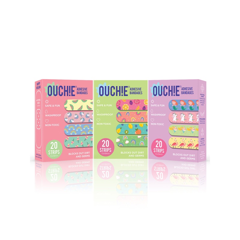 Ouchie Non-Toxic Printed Bandages Triple Combo (60 Pack) – Pink, Lime Green & Lavender
