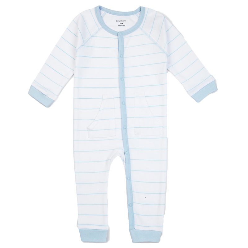 My Milestones Romper White With Sage Baby Blue – Stripes