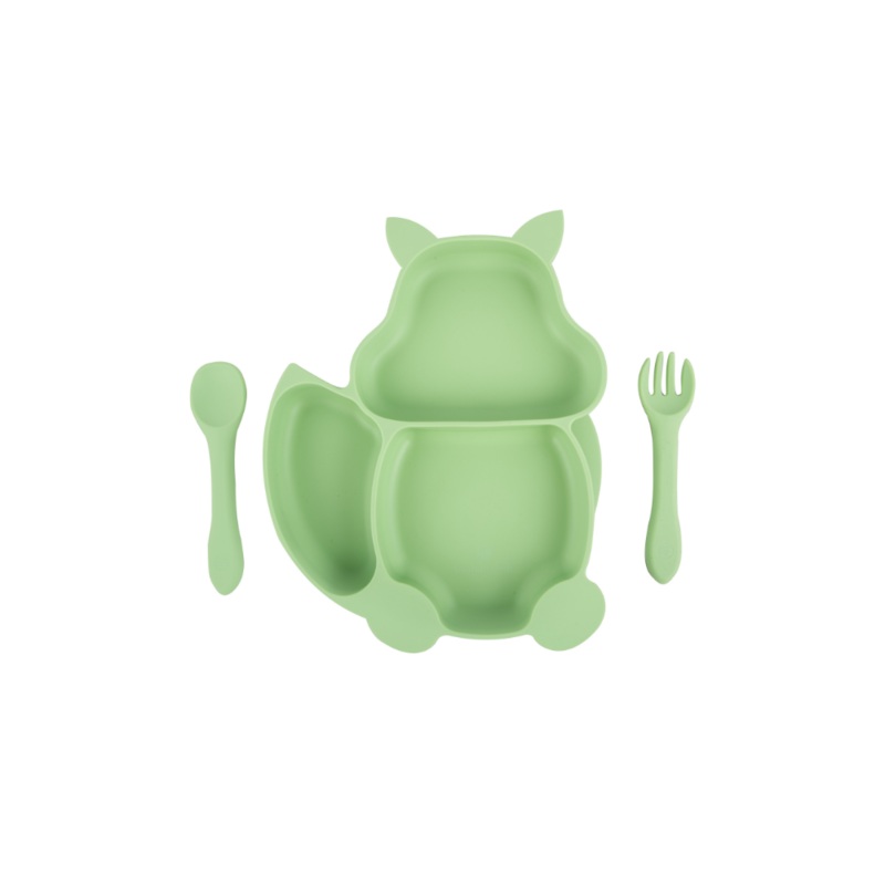 Silicone Squirrel Plate With Suction + Spoon And Fork Set  – Green