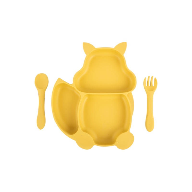Silicone Squirrel Plate With Suction + Spoon And Fork Set  – Yellow