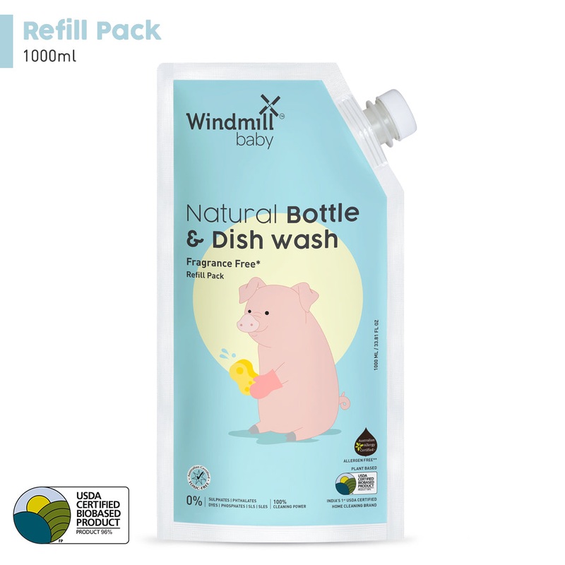 Windmill Baby Natural Bottle Cleaning Liquid, Refill Pack, USDA Certified, For Feeding Bottles, Pump Parts And More, Fragrance Free, Allergen Free – 1000ml