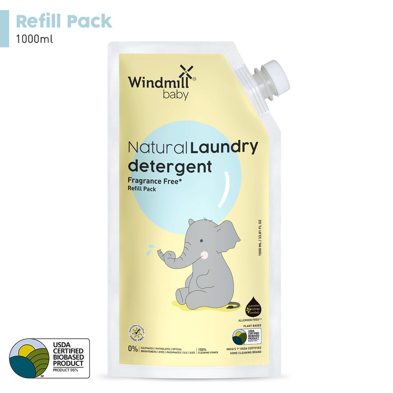 Windmill Baby Natural Fragrance Free Laundry Detergent Liquid Refill Pack, USDA Certified, Allergen Free, Plant Based With Bio-Enzymes – 1000 ml