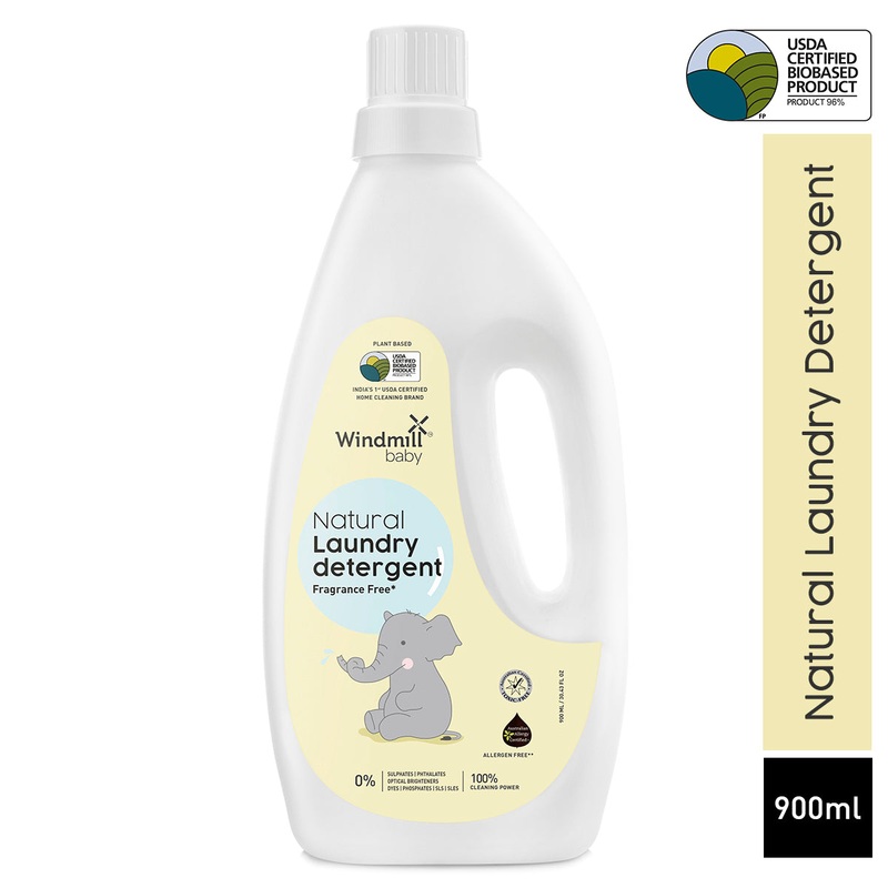 Windmill Baby Natural Fragrance Free Laundry Detergent Liquid, USDA Certified, Allergen Free, Plant Based With Bio-Enzymes – 900 ml