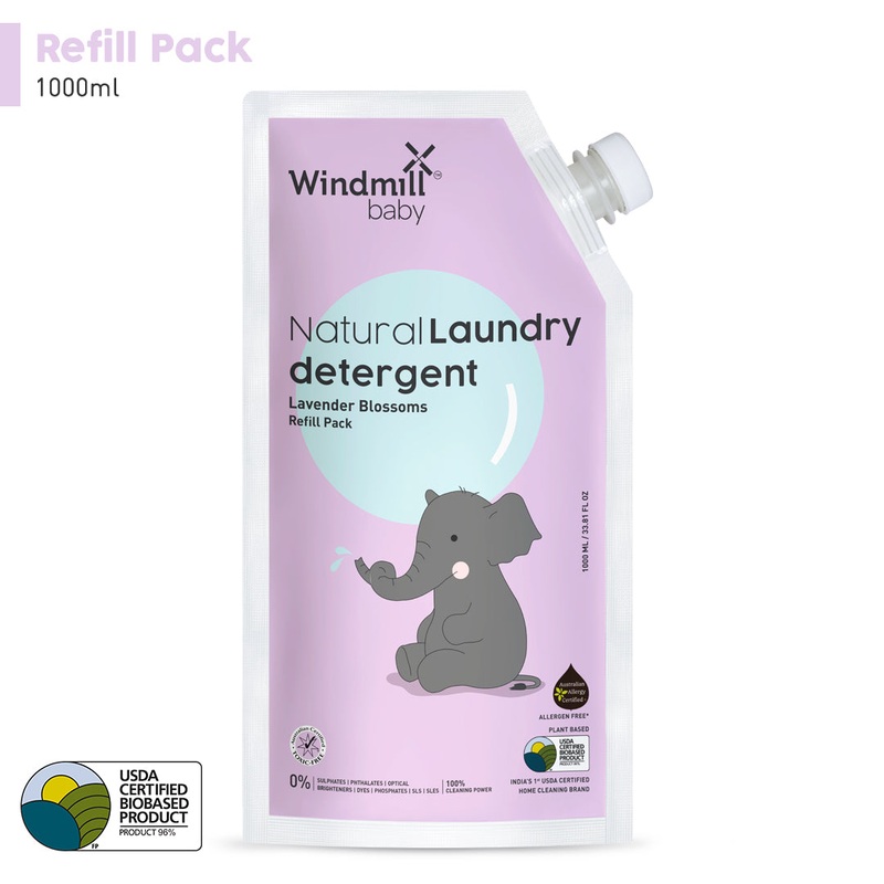 Windmill Baby Natural Lavender Blossoms Laundry Detergent Liquid Refill Pack, USDA Certified, Allergen Free, Plant Based with Bio-Enzymes – 1000 ml