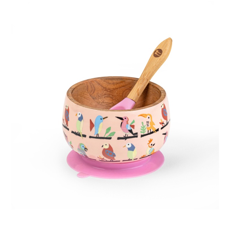 Anek Chidiya Wooden Suction Bowl And Spoon Set – Pink