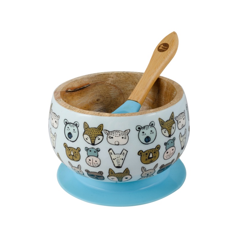 Jungle Safari Wooden Suction Bowl And Spoon Set – Blue