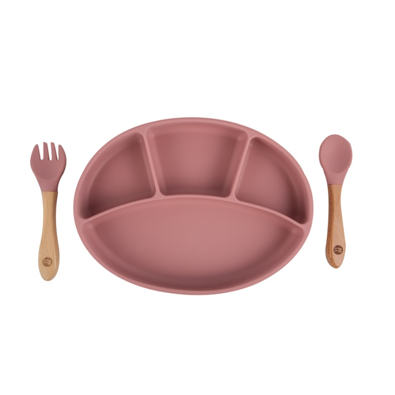 Silicone Oval Plate With Suction + Bamboo Spoon And Fork Set  – Pink