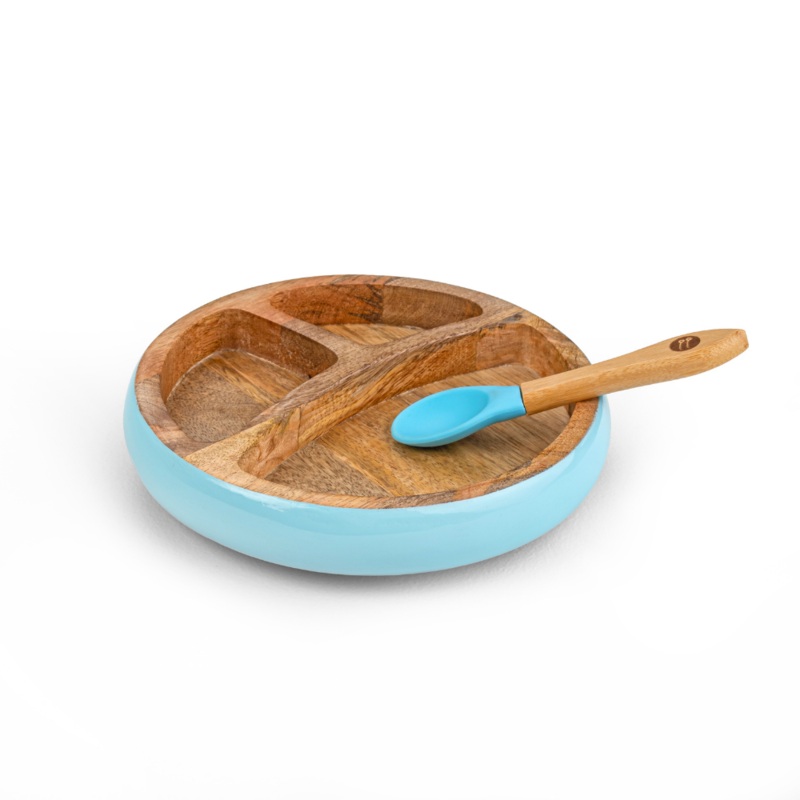 Wooden Round Plate With Silicone Suction And Spoon – Blue