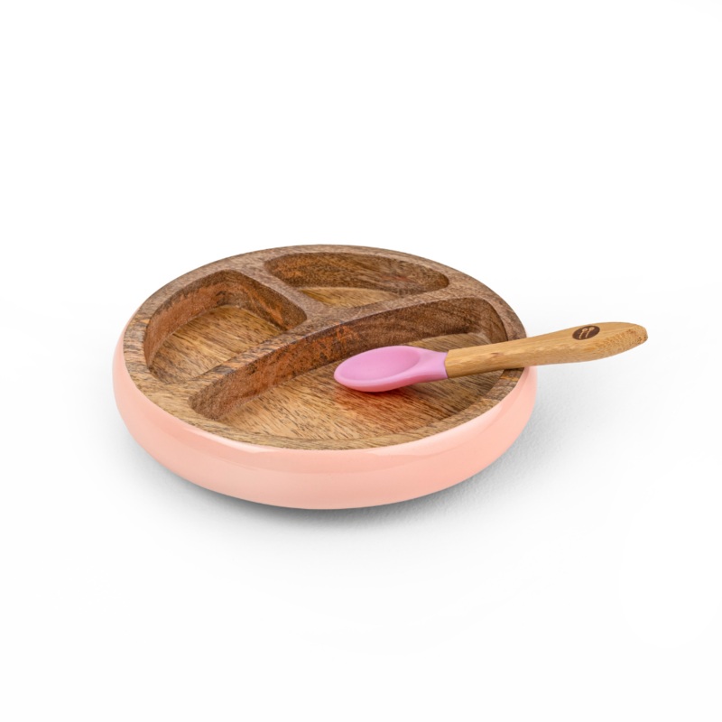 Wooden Round Plate With Silicone Suction And Spoon – Pink