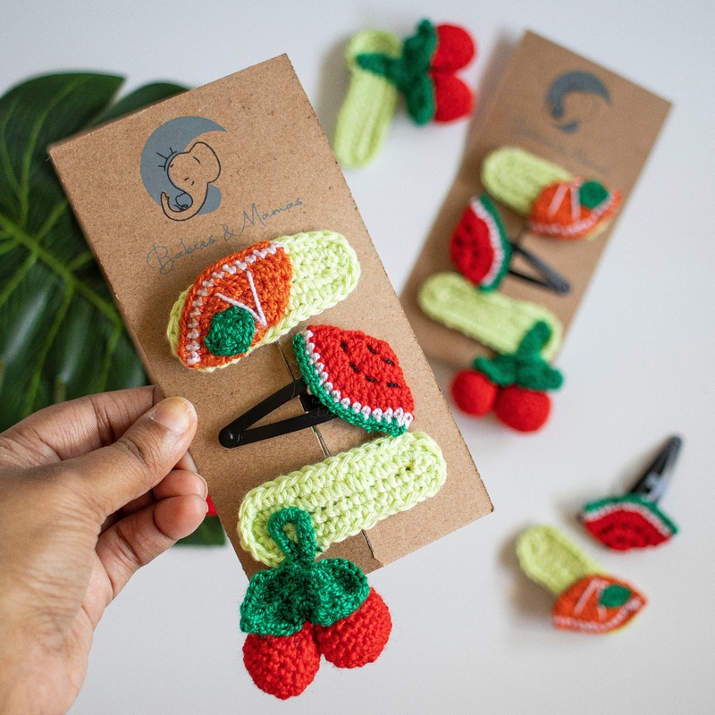Handmade Crochet Hair Clips (Green, Red, Orange)