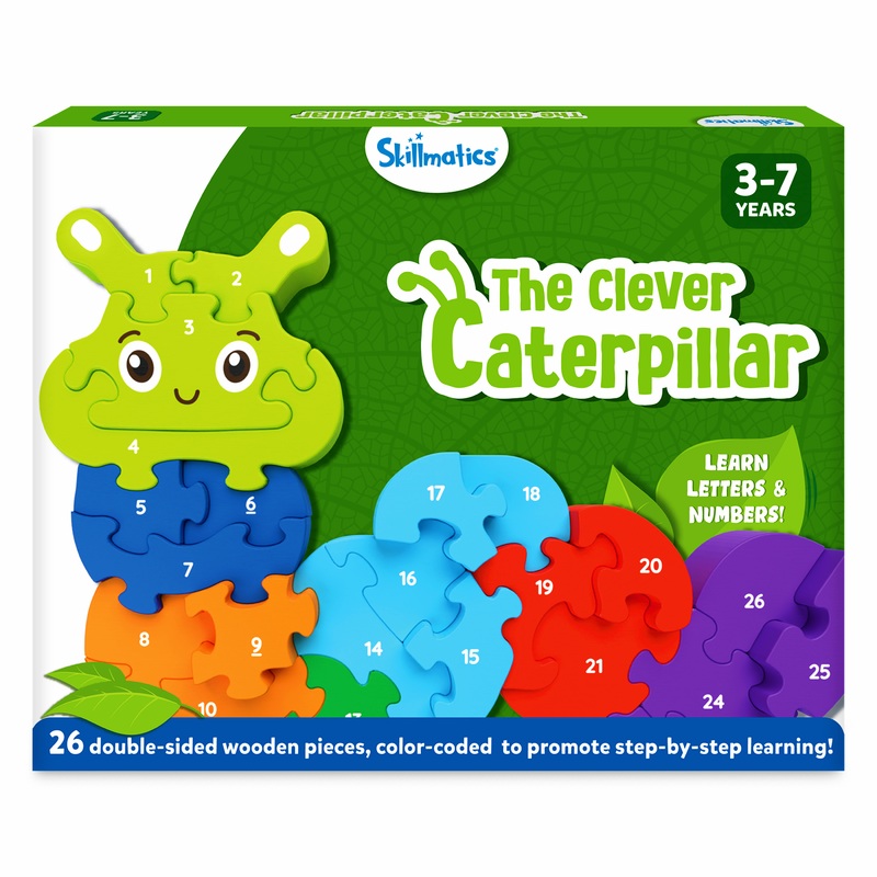 Skillmatics Wooden Puzzle – The Clever Caterpillar, 2 Puzzles in 1, 26 Double-Sided Pieces, Learn Letters & Numbers, Gifts for Ages 3 to 7