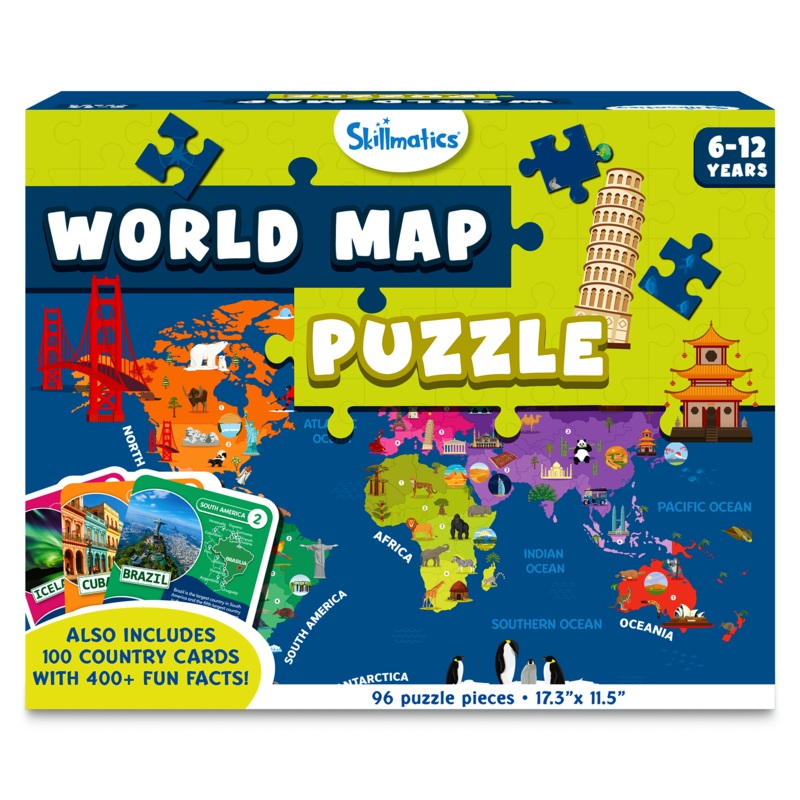 Skillmatics World Map Puzzle – 96 Piece Jigsaw Puzzle, Educational Toy For Learning 400+ Facts About 100 Countries, Gifts For Ages 6 To 12
