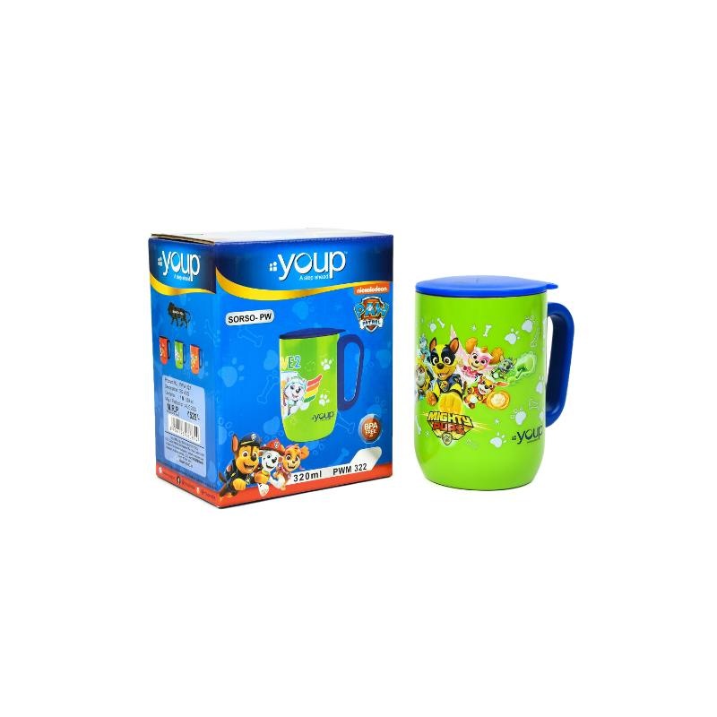 YOUP Stainless Steel Green Color Paw Patrol Mighty Pups Kids Insulated Mug With Cap Sorso-Pwm – 320 ml