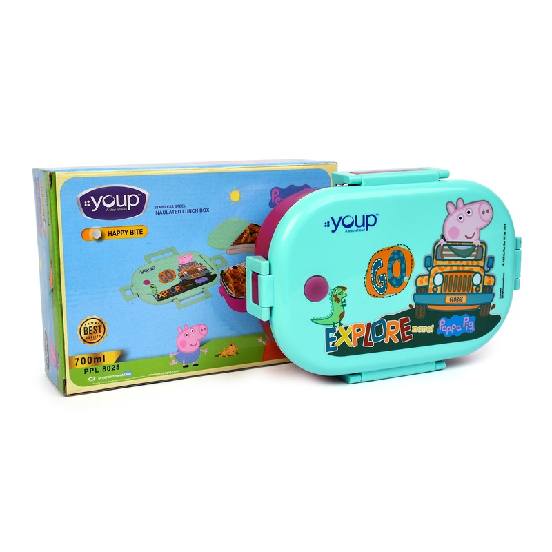 Youp Stainless Steel Green Color Peppa Pig Theme Kids Lunch Box Happy Bite 750Ml