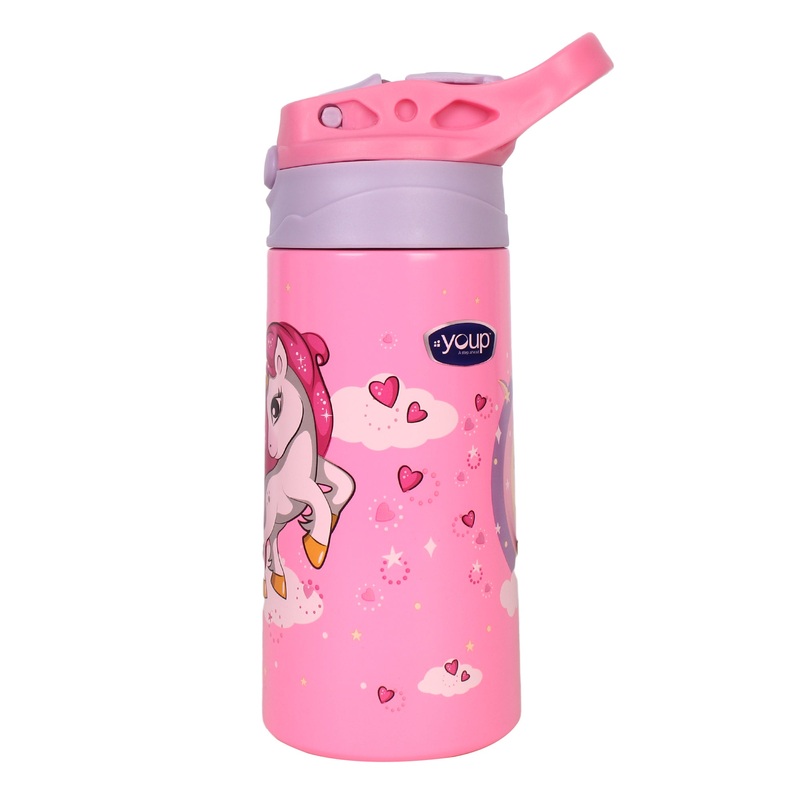 Youp Stainless Steel Insulated Pink Color Unicorn Theme Kids Anti-Dust Sipper Bottle TINKLER – 400 ml