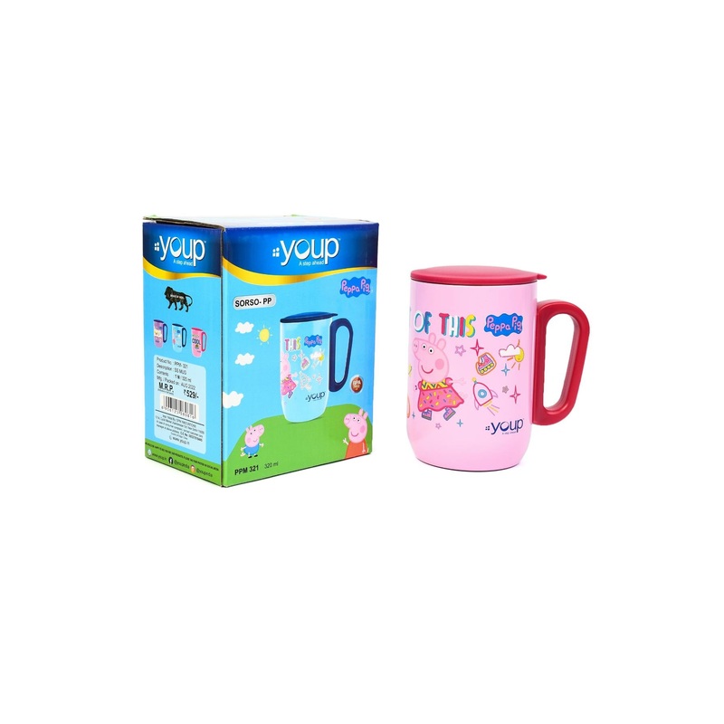Youp Stainless Steel Pink Color Peppa Pig World Kids Insulated Mug With Cap Sorso-Ppm- 320 Ml