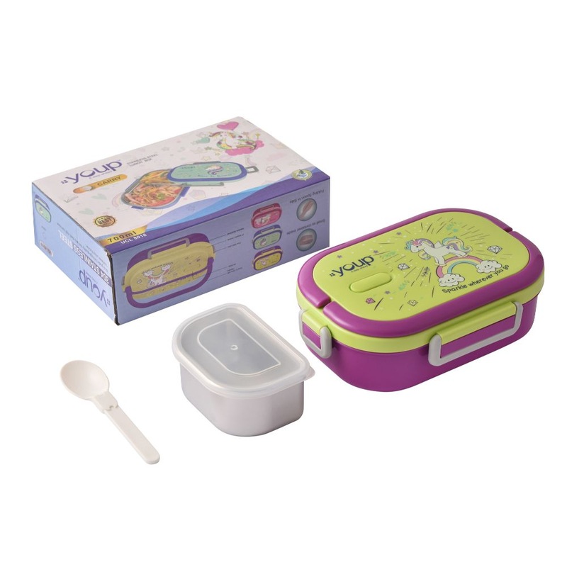 Youp Stainless Steel Green And Purple Color Unicorn Theme Kids Lunch Box Carry – 700 Ml