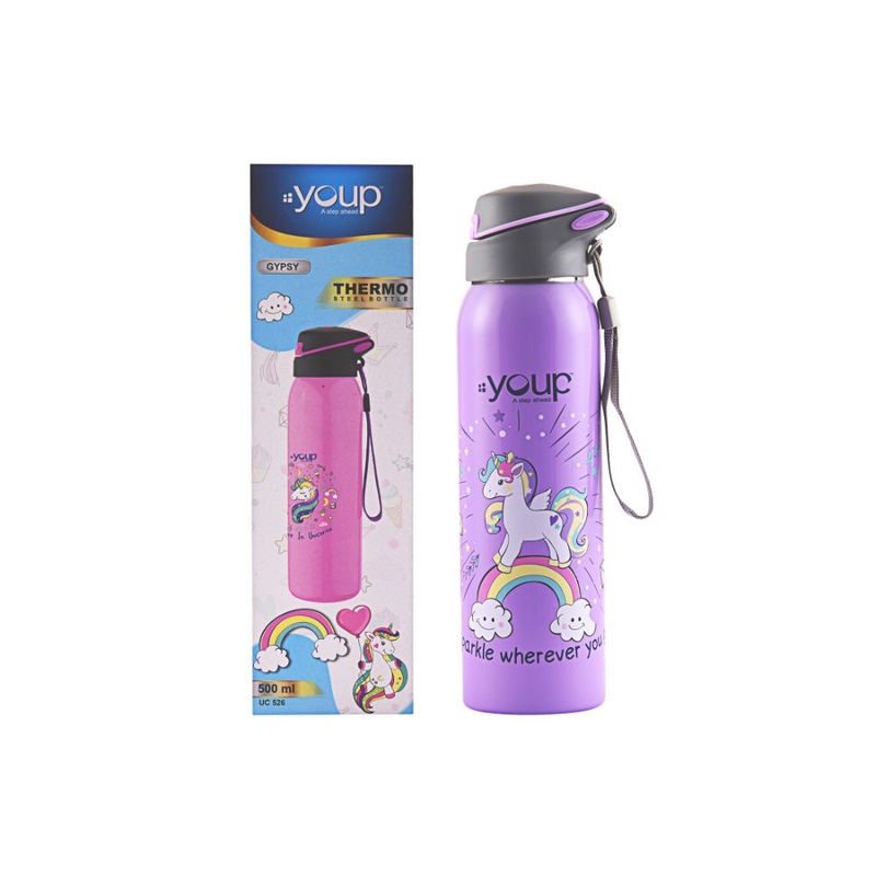Youp Stainless Steel Insulated Mauve Color Unicorn Kids Sipper Bottle Gypsy – 500 Ml