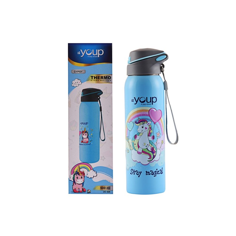 Youp Stainless Steel Insulated Sky Blue Color Unicorn Kids Sipper Bottle Gypsy – 500 ml