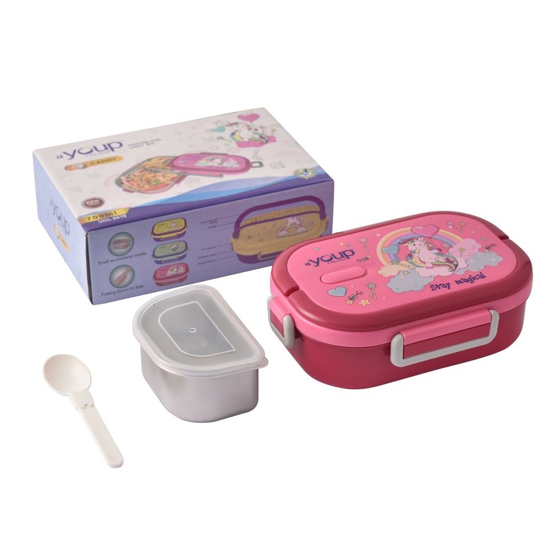 Youp Stainless Steel Pink Color Unicorn Theme Kids Lunch Box Carry – 700 Ml