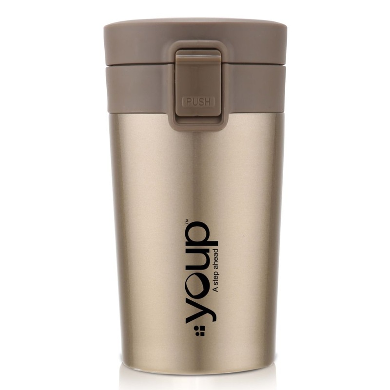 Youp Thermosteel Insulated Metallic Gold Color Coffee Mug With Press To Open Cap Yp351 – 350 Ml