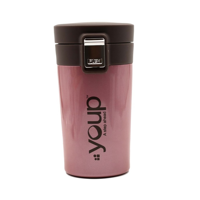 Youp Thermosteel Insulated Metallic Pink Color Coffee Mug With Press To Open Cap Yp351 – 350 Ml