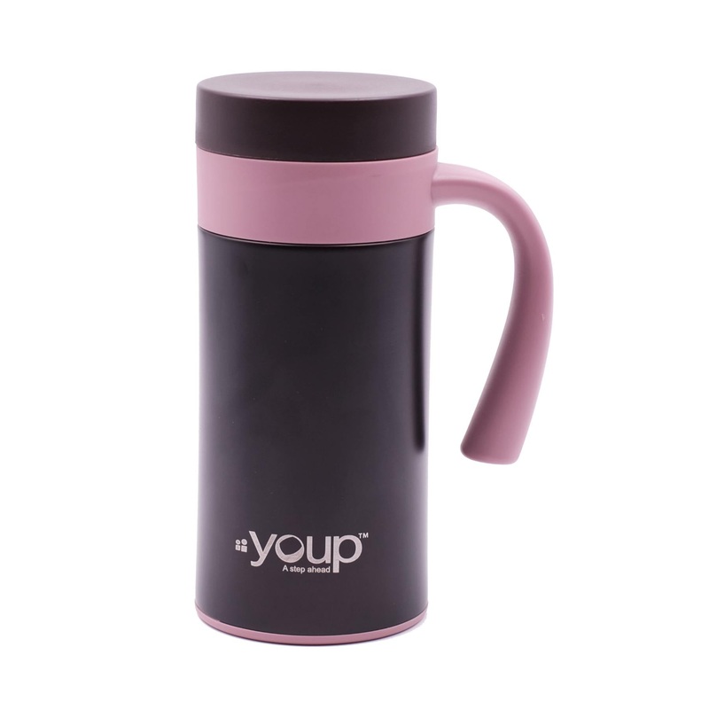 Youp Thermosteel Insulated Pink And Brown Color Coffee Mug With Side Handle Yp403 – 400 Ml