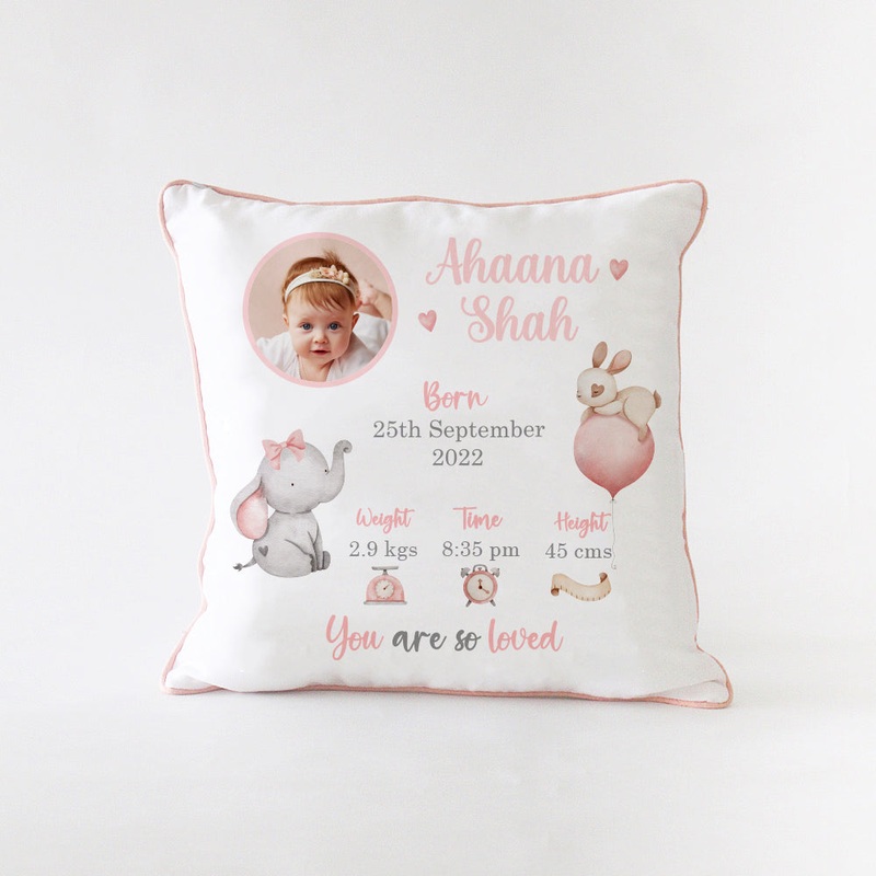 Birth Statistics Cushion – Ellie – Pink
