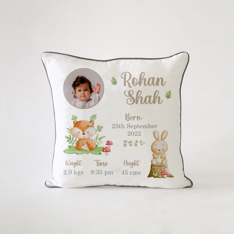 Birth Statistics Cushion – Woodland