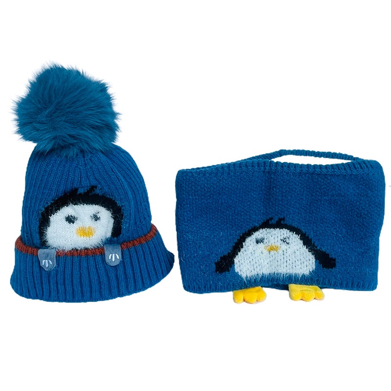 Light Blue Penguin Woven Stretchable Woolen Winter Cap For Kids With Matching Neck Muffler Set (3-10Yrs)